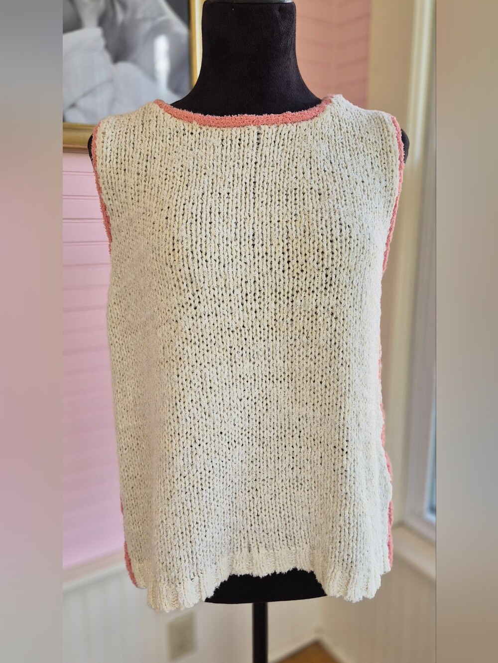 *NWT* BKE - Cream Knit Sleeveless Sweater with Pink Trim, Size Large